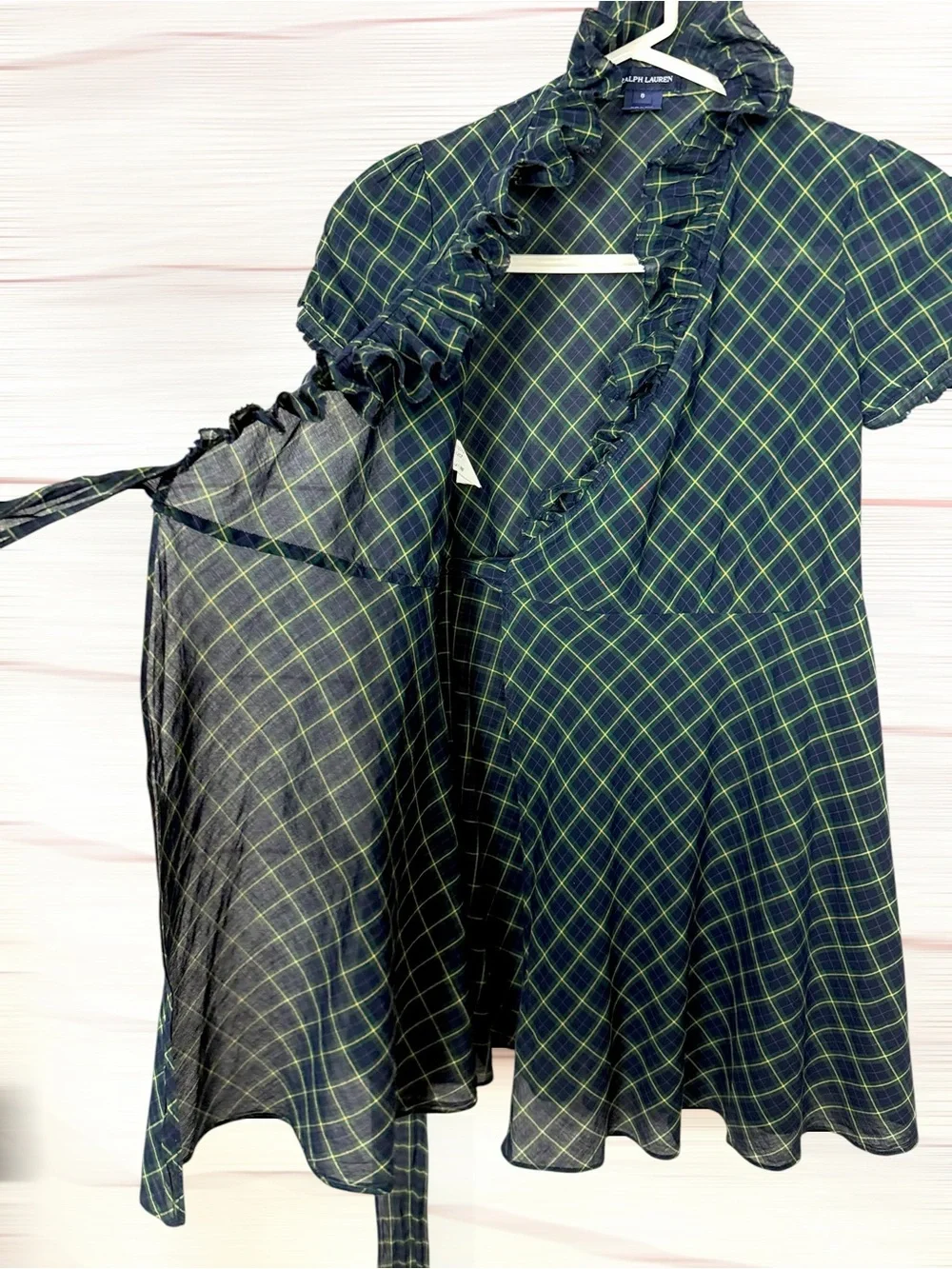 Ralph Lauren Blue Label Plaid Ruffled Cotton Wrap Dress Green Blue Girls size 8